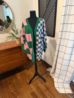 First Love Open-Front Checkerboard Cardigan Sweater - Pink & Green medium
